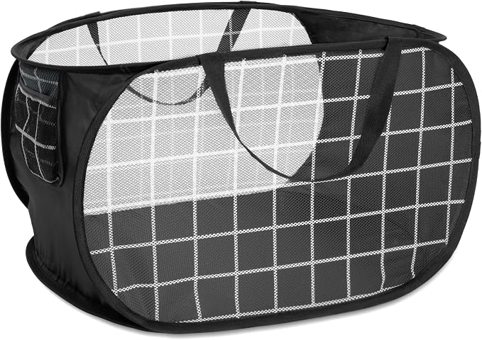 Collapsible Laundry Baskets with Side Pocket, Mesh Pop Up Clothes Hamper for Laundry, Foldable Laundry Basket Storage Hamper with Reinforced Handles for Clothes, Toys, Home, Dorm -Grid Print, Black