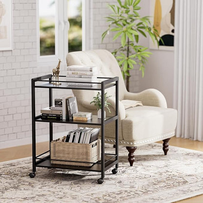 HITNET Bar Cart Black, Serving Cart for Home, 3 Tier Drinks Cart with Wheels, Rolling Beverage Cart for Kitchen Dining Living Room