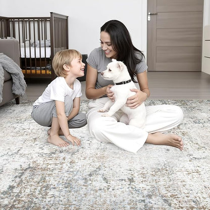 Round Area Rug for Living Room: 8 ft Washable Modern Abstract Soft Thin Rug Indoor Floor No Slip Stain Resistant Carpet for Bedroom Dining Room Farmhouse Nursery Home Office - Brown Grey