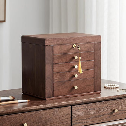 CHOSIN Black Walnut Wooden Jewelry Box for Women with Mirror, 5 Drawers and 2 Side Doors for Watches, Necklaces, Rings, Earrings Storage Christmas Gifts