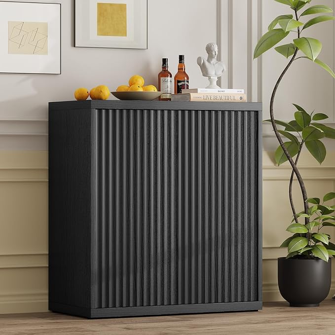 31” Sideboard Cabinet with Storage, Fluted Accent Cabinet with Adjustable Shelves, Modern Wood Credenza Cabinets with Pop-up Doors for Entryway Kitchen Living Room Hallway, Black