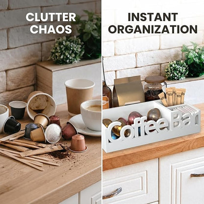 Coffee Bar Organizer for Countertop – Wooden Coffee Station Caddy with Compartments for Pods, Condiments, Tea, and Accessories – Home and Office Mini Coffee Station Organizer (White)
