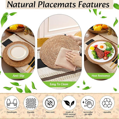 4 Sets Boho Decoration Placemats Round Woven Placemats, Cloth Napkins, Wood Bead Napkin Rings, Long Table Runner and Farmhouse Burlap Cotton for Table Kitchen (Black,12x72)