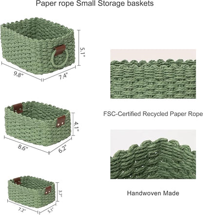 Small baskets for Organizing,Cute woven Storage basket with recycled paper rope for Shelves Bathroom,Little decorative basket,Set of 3 (Dark Green)