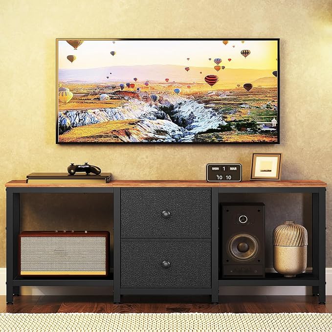 YATINEY TV Stand for TVs up to 55", Entertainment Center with 2 Fabric Drawer, Media Console with Shelves, Television Stands for Living Room, Bedroom, Rustic Brown and Black DS02BR