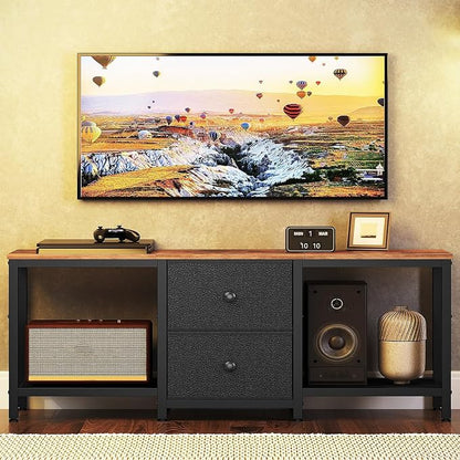 YATINEY TV Stand for TVs up to 55", Entertainment Center with 2 Fabric Drawer, Media Console with Shelves, Television Stands for Living Room, Bedroom, Rustic Brown and Black DS02BR