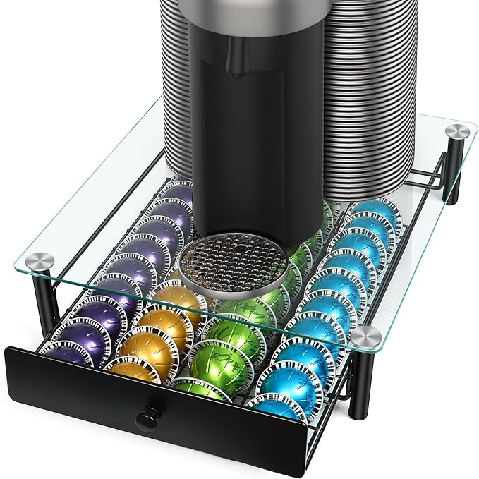 ROWISE Coffee Pod Drawers, Crystal Tempered Glass Pod Holder Drawer Compatible with Nespresso Capsules, Holds Up to 40 Capsules, Size 14"x15.5"x4.5"