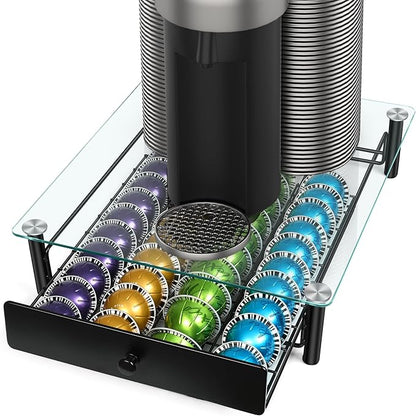 ROWISE Coffee Pod Drawers, Crystal Tempered Glass Pod Holder Drawer Compatible with Nespresso Capsules, Holds Up to 40 Capsules, Size 14"x15.5"x4.5"