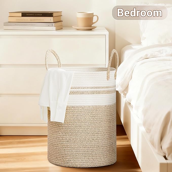 SunNewt Tall Laundry Basket with Handles, 100L Portable Dirty Clothes Hamper, Boho Cotton Rope Storage Bin for Blankets Kids Toys Gifts, Extra Large Organizer for Nursery Bedroom Bathroom, New Brown