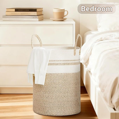 SunNewt Tall Laundry Basket with Handles, 100L Portable Dirty Clothes Hamper, Boho Cotton Rope Storage Bin for Blankets Kids Toys Gifts, Extra Large Organizer for Nursery Bedroom Bathroom, New Brown