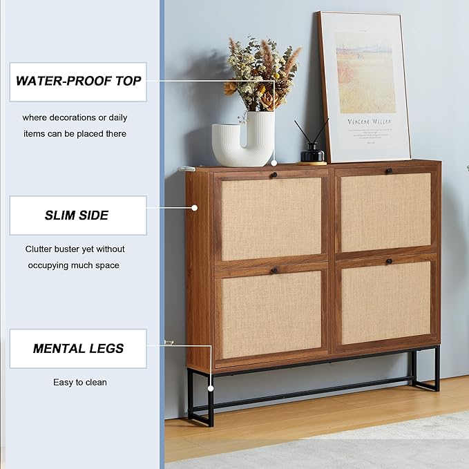 Shoe Cabinet, Shoe Storage Cabinet with 4 Flip Drawers, Freestanding Shoe Organizer Shoe Rack for Entryway, Hallway, Living Room (Walnut - 4 Tiers)