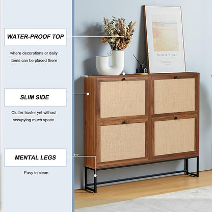 Shoe Cabinet, Shoe Storage Cabinet with 4 Flip Drawers, Freestanding Shoe Organizer Shoe Rack for Entryway, Hallway, Living Room (Walnut - 4 Tiers)