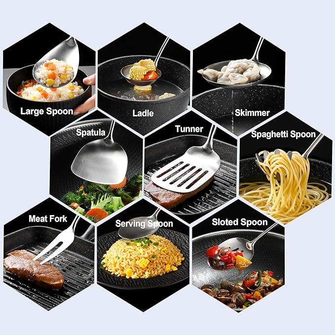 18/10 Stainless Steel Kitchen Utensils, 9 PCS Metal Cooking Utensils Set 15", Solid and Slotted Spoon, Fork, Spatula, Ladle, Skimmer, Slotted Spatula Tunner, Spaghetti Large Spoon