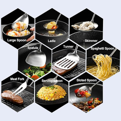 18/10 Stainless Steel Kitchen Utensils, 9 PCS Metal Cooking Utensils Set 15", Solid and Slotted Spoon, Fork, Spatula, Ladle, Skimmer, Slotted Spatula Tunner, Spaghetti Large Spoon