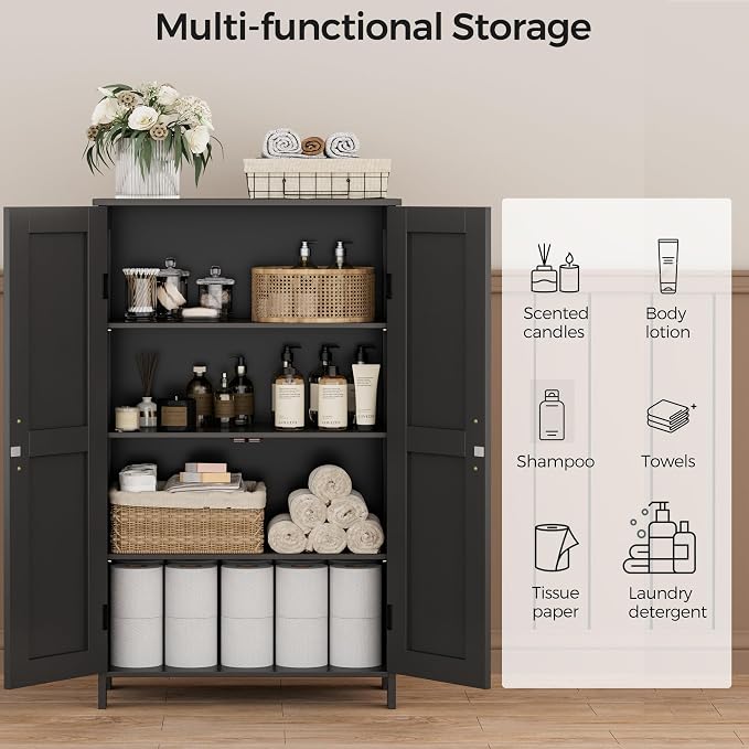Homleke Farmhouse Bathroom Cabinet with Adjustable Shelves, Free-Standing Storage Cabinet with Barn Doors, for Kitchen, Living Room, Dining Room, Entryway, Black