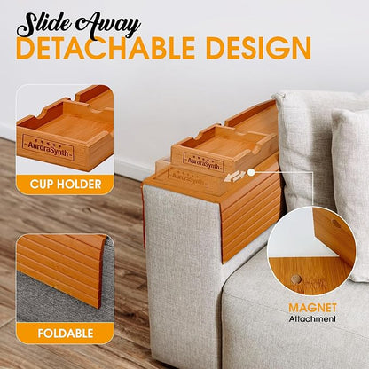Couch Cup Holder Tray with 2 Cork Coasters, Couch Arm Tray, 2 in 1 Anti-Slip Foldable Sofa Arm Tray, Couch Armrest Table, Anti-Spill Couch Arm Table for Drinks TV Remote Cellphone Snacks (Mahogany)