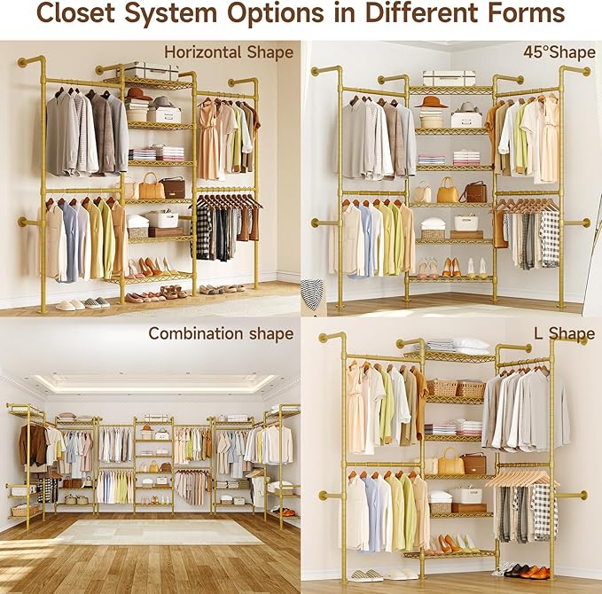 ONBRILL H3 Wall Mounted Closet System, Expandable Industrial Pipe Clothes Rack Clothing Rack for Hanging Clothes, Heavy Duty Closet Organizers and Storage in Wardrobe Closet, Gold