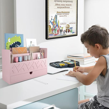 Wisuce Bamboo Mail Organizer Countertop Desktop with Drawer - All-in-One Desk File Organizer with Pencil Holder (Pink)