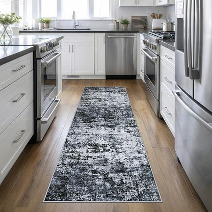 2.6'x10' Runner Rug Washable Rug: Modern Abstract Soft Thin Runner Rug Black