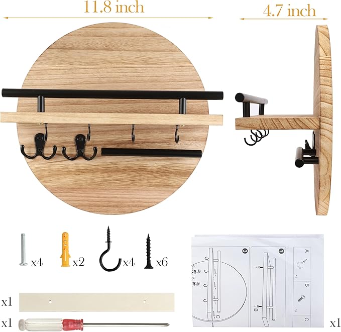 Key Holder for Wall with Shelf - Wood Mail Organizer and Rack with Shelf Hooks Wall Mounted for Entryway Decor Magazines Letter Storage Farmhouse Living Room Bedroom Doorway (Nature)