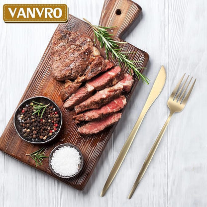 VANVRO Champagne Gold Silverware Set, 60-Piece Stainless Steel Flatware set,Matte Silverware Sets Service for 12, Tableware Cutlery Satin Finish Utensils for Kitchen,Dishwasher Safe