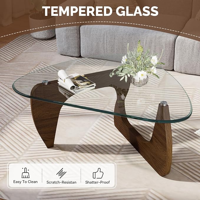 Modern Glass Coffee Table, Triangle Center Table with Tempered Glass Top& Unique Wooden Base, 31.5” Mid Century Tea Tables for Living Room, Apartment, Office,Walnut &Transparen