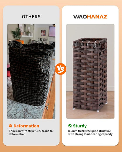 Rattan Umbrella Stand, Umbrella Holder for Entryway, Hand Woven Umbrella Rack Organizer Freestanding, with a Detachable Drip Tray, 4 Hooks, 6.5" L x 6.5" W x 16.5" H, Brown