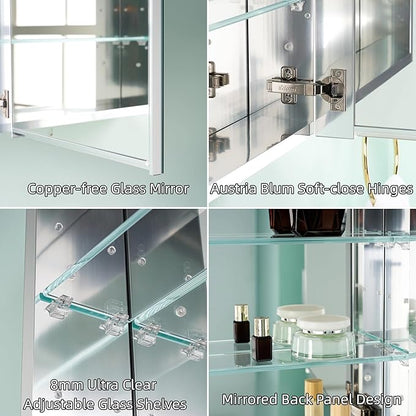 WELLFOR 24" x 36" Bathroom Medicine Cabinet, Anodized Chrome Aluminum Frame, Medicine Cabinet with Adjustable Glass Shelves, Bathroom Cabinet with Reverse Door Installation, Surface or Recess Mount