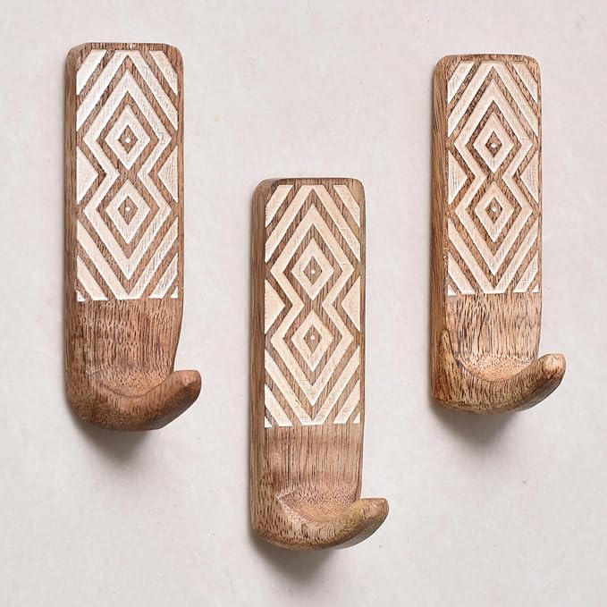 Indian Shelf Boho Decorative Wood Adhesive Wall Hooks for Hanging Coats, Keys, Leash, Hat, Towel Holder, Cute Sticky Key Holder, White Brown Western Wall Décor (6 Hook 12 Strips)