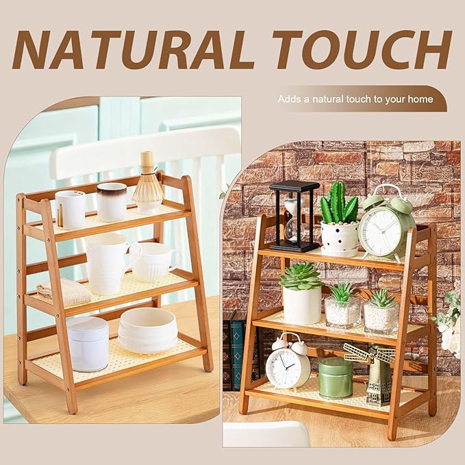 Yalikop 3 Tier Matcha Station Shelf Bamboo Coffee Mug Stand Countertop Storage Rack,Three Layer Rattan Office Cup, Kitchen, Tea, Plant, Bar Accessories Condiment Display(Brown)