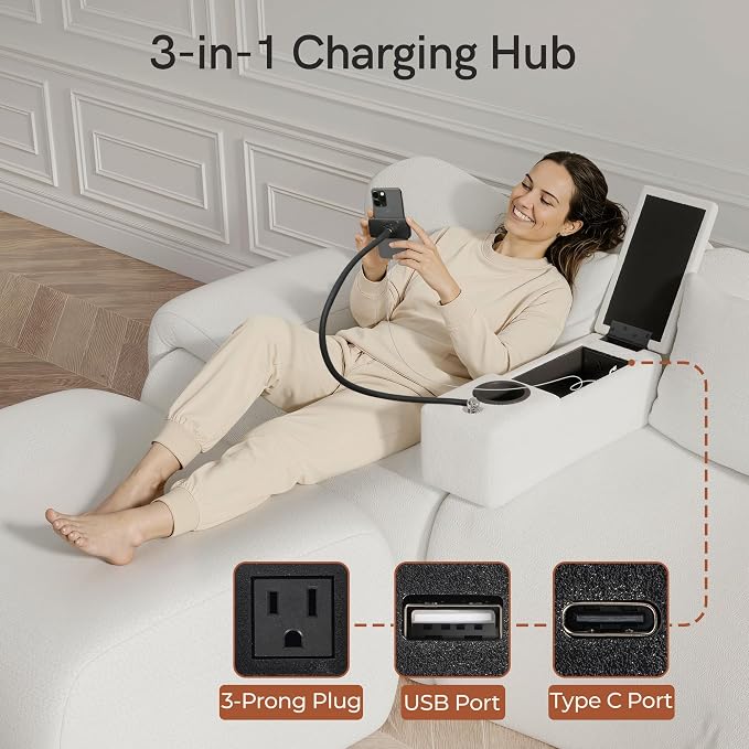 Couch Caddy with Cup Holder Multifunctional Couch Armrest Charging Console Phone Holder Sofa Arm Rest 20.3'' Removable White Chenille Sofa Organizer Remote Snack Storage for Livingroom Couches