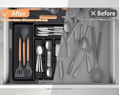 Spaclear Silverware Organizer Expandable Kitchen Utensil Drawer Organizer Large BPA Free Adjustable Cutlery Silverware Tray for Spoons Forks Knives Storage Divider for Kitchen Flatware 6-9 Slots Black