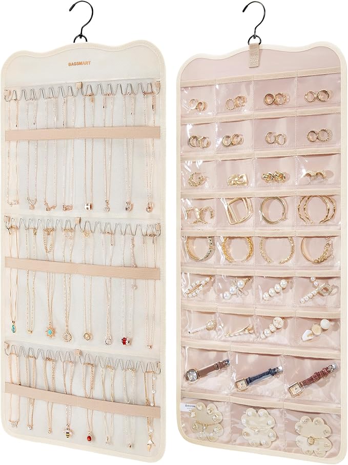 BAGSMART Hanging Jewelry Organizer Storage with Hanger Metal Hooks Double-Sided Jewelry Holder for Earrings, Necklaces, Rings on Closet, Wall, Door, 1 piece Large Beige