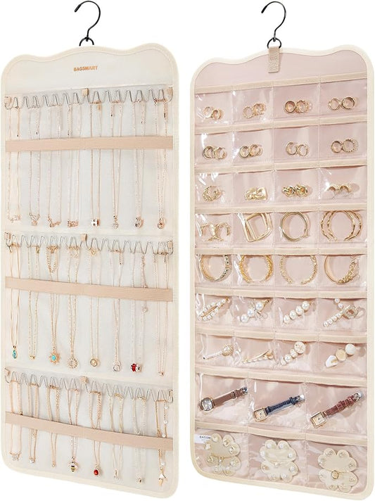 BAGSMART Hanging Jewelry Organizer Storage with Hanger Metal Hooks Double-Sided Jewelry Holder for Earrings, Necklaces, Rings on Closet, Wall, Door, 1 piece Large Beige