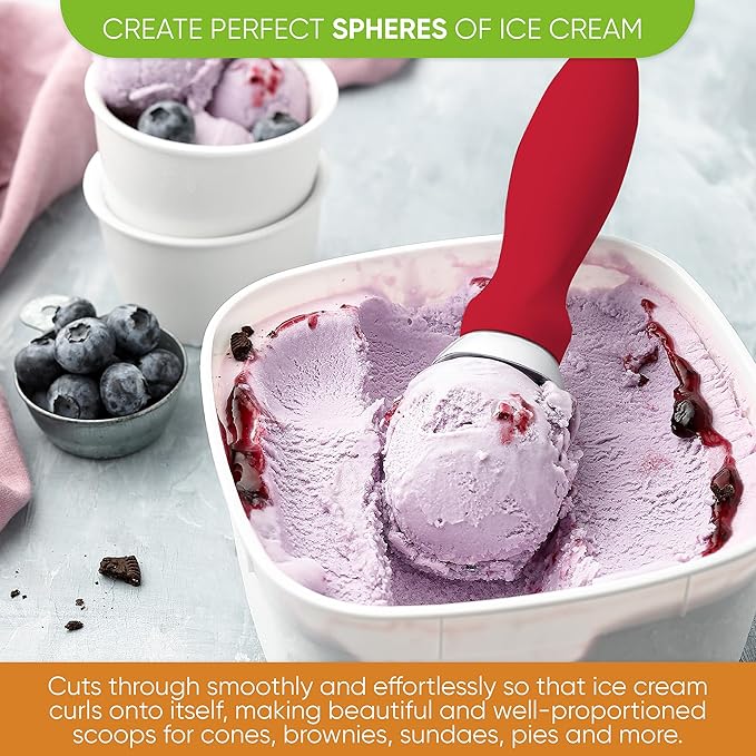 Spring Chef Red Heavy Duty Ice Cream Scoop with Non-Slip Handle, Professional Ice Cream Spoons for Gelato, Sorbet, Frozen Yogurt, Sorbet, Cookie Dough, Melon - Dishwasher Safe - 2 Pack