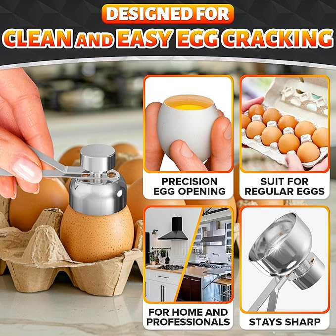 Egg Cracker Tool for Raw Eggs — Egg Shell Opener for Soft-Boiled Shell Tops, Stainless Steel Topper with Ergonomic Adjustable Effort — Easy-Open Design for Breakfast Prep, Custards, & Baking (Silver)