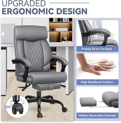 Office Chair, Big and Tall Office Desk Chair, Reclining Office Chair with Footrest Home Office Desk Chairs, High Back Ergonomic with Lumbar Support, Executive Leather
