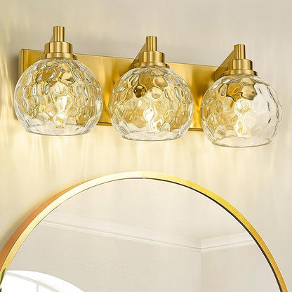 Bathroom Light Fixtures Over Mirror, 3-Light Brushed Gold Vanity Light with Clear Hammered Glass Globe Shade, Modern Sconces Wall Lighting Bedroom Hallway, VL200-BG-3