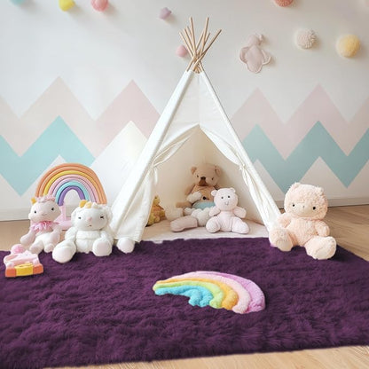 OLANLY Area Rugs for Living Room Bedroom, Machine Washable 4x5.9 ft Soft Fluffy Shaggy Bedside Rug, Indoor Floor Carpet for Kids Girls and Boys, Dorms, Nursery Rooms, Home Decor Aesthetic, Dark Purple