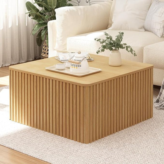 Fluted Square Coffee Table with Storage-Large Wood Center Table with Solid Wood Veneer Top, Mid Century Modern Low Coffee Table for Living Room, Natural