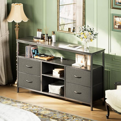 Huuger 47 Inch TV Stand Dresser with Power Outlets and LED Lights, Fabric Dresser for Bedroom with Storage, 4 Drawers Entertainment Center with Open Shelf, Media Console for 55 50 Inch TV, Black