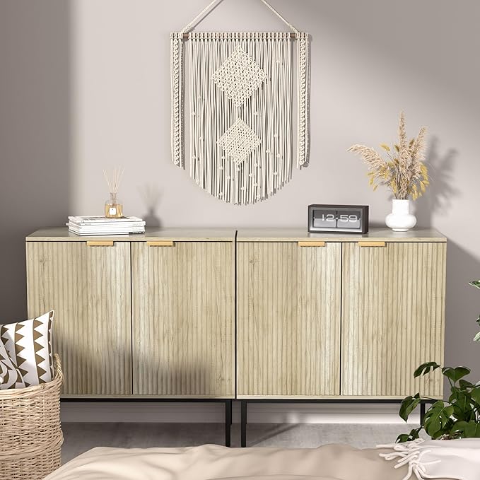 Fluted Sideboard, Buffet Cabinet with Storage, Wooden with Doors and Shelves, Accent Cabinet for Living Dining Room, Entryway