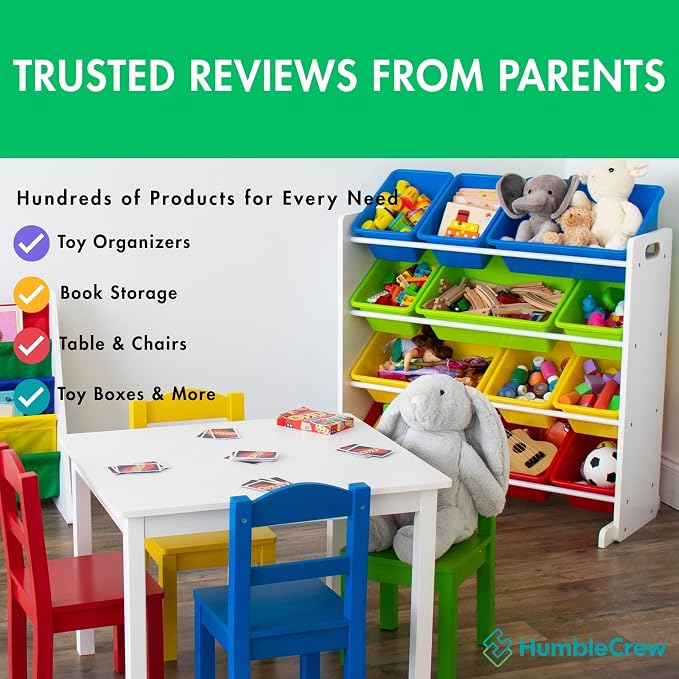 Humble Crew 4-Tier Kids Bookshelf, White Wood/Primary - Premium Book Shelf for Kids Rooms with Four Deep Pockets - Toddler Sling Book Rack with Deep Sleeves, Nursery Bookcase Organizer