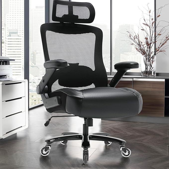 600lbs Big and Tall Office Chair- Heavy Duty Executive Computer Chair with 3D Flip Arms Large Wheels, Ergonomic Mesh High Back Desk Chair, Extra Wide Seat Adjustable Lumbar Support&Headrest