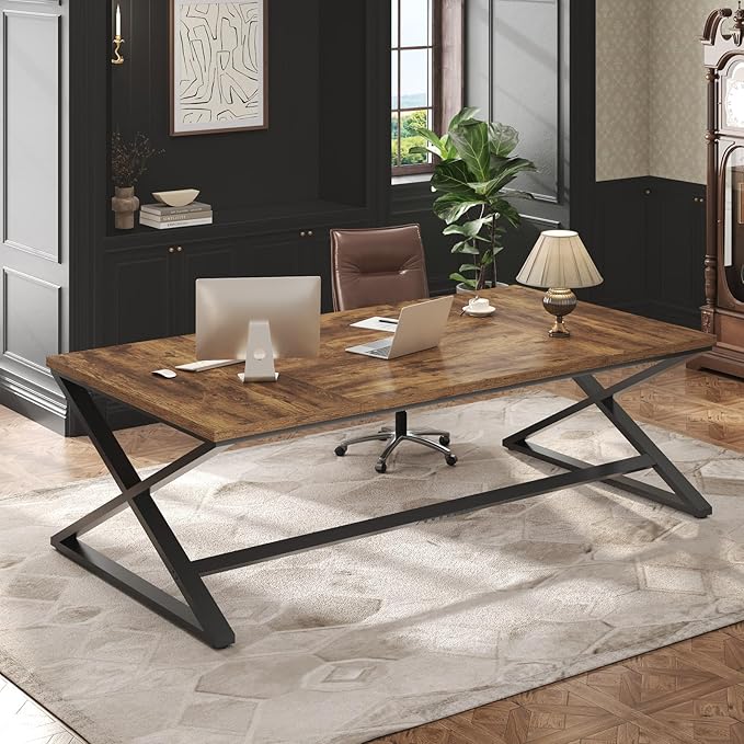 IBF 70.8" Rustic Computer Desk, Extra Long Wood Office Desk for Home, Industrial Metal Large Work Study Writing Table, Dual Monitor Pc Workstation Computer Table for Two Person, Rustic Brown