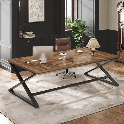 IBF 70.8" Rustic Computer Desk, Extra Long Wood Office Desk for Home, Industrial Metal Large Work Study Writing Table, Dual Monitor Pc Workstation Computer Table for Two Person, Rustic Brown