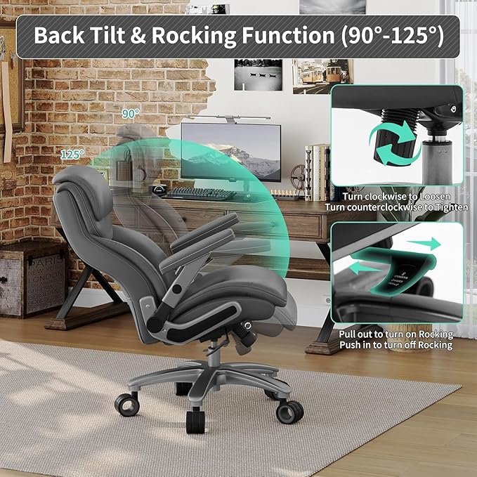 Big and Tall Office Chair with 5D Arms, 600lbs Heavy Duty Desk Chair with Adjustable Lumbar Support, PU Leather High Back Ergonomic Executive Computer Chair with 3'' Silent Casters