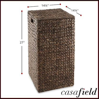 Casafield Laundry Hamper with Lid and Removable Liner Bag - Espresso Dark Brown, Woven Water Hyacinth Square Laundry Basket Sorter for Clothes, Towels
