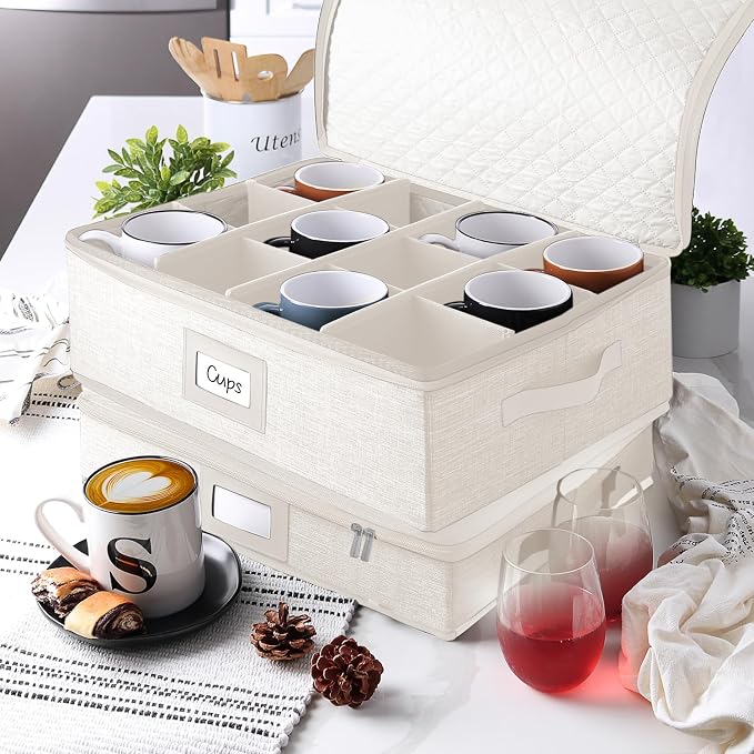 Coffee Mug Storage, 2 Pack Quilted and Stackable Coffee Cup Storage Organizer for Service of 24, Mug Storage Box with Dividers, China Containers Hard Shell for Moving and Organization, Cream