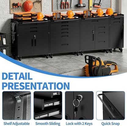 Metal Garage Storage Cabinet with Wheels, Rolling Tool Cabinet with 3 Drawers and 2 Doors, Heavy Duty Tool Cabinet with Workbench, Assembly Required, Black
